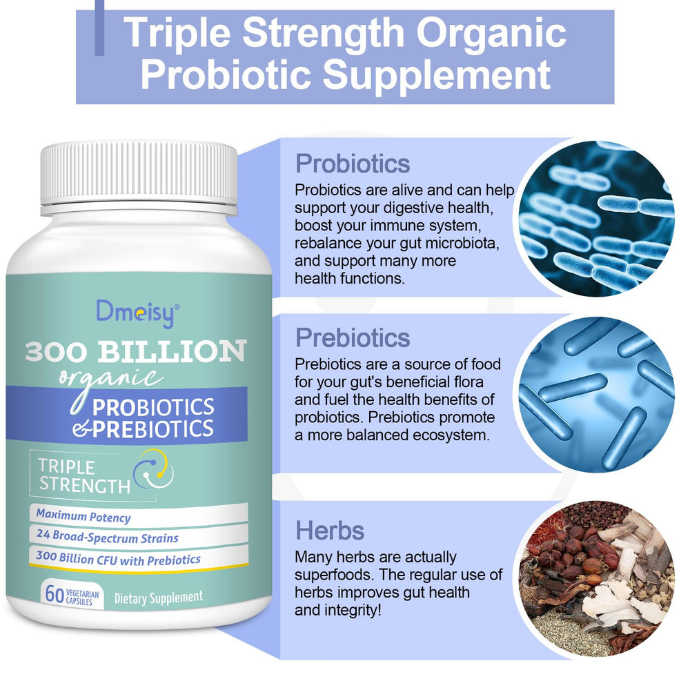 Dmeisy Probiotics organic herbs blend highlighting natural ingredients for wellness.