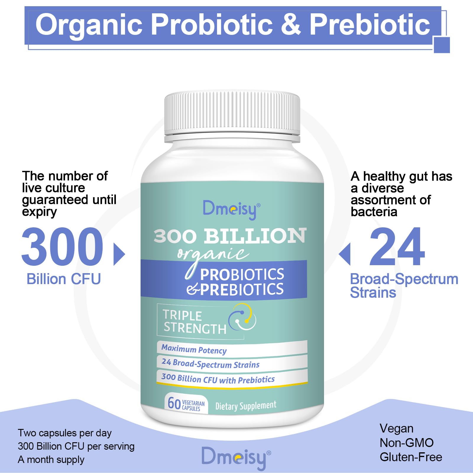 Dmeisy Probiotics vegan formula free from common allergens for daily support.