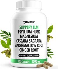 DMoose Fitness slippery elm bark bottle with 600 mg dose for digestive comfort.