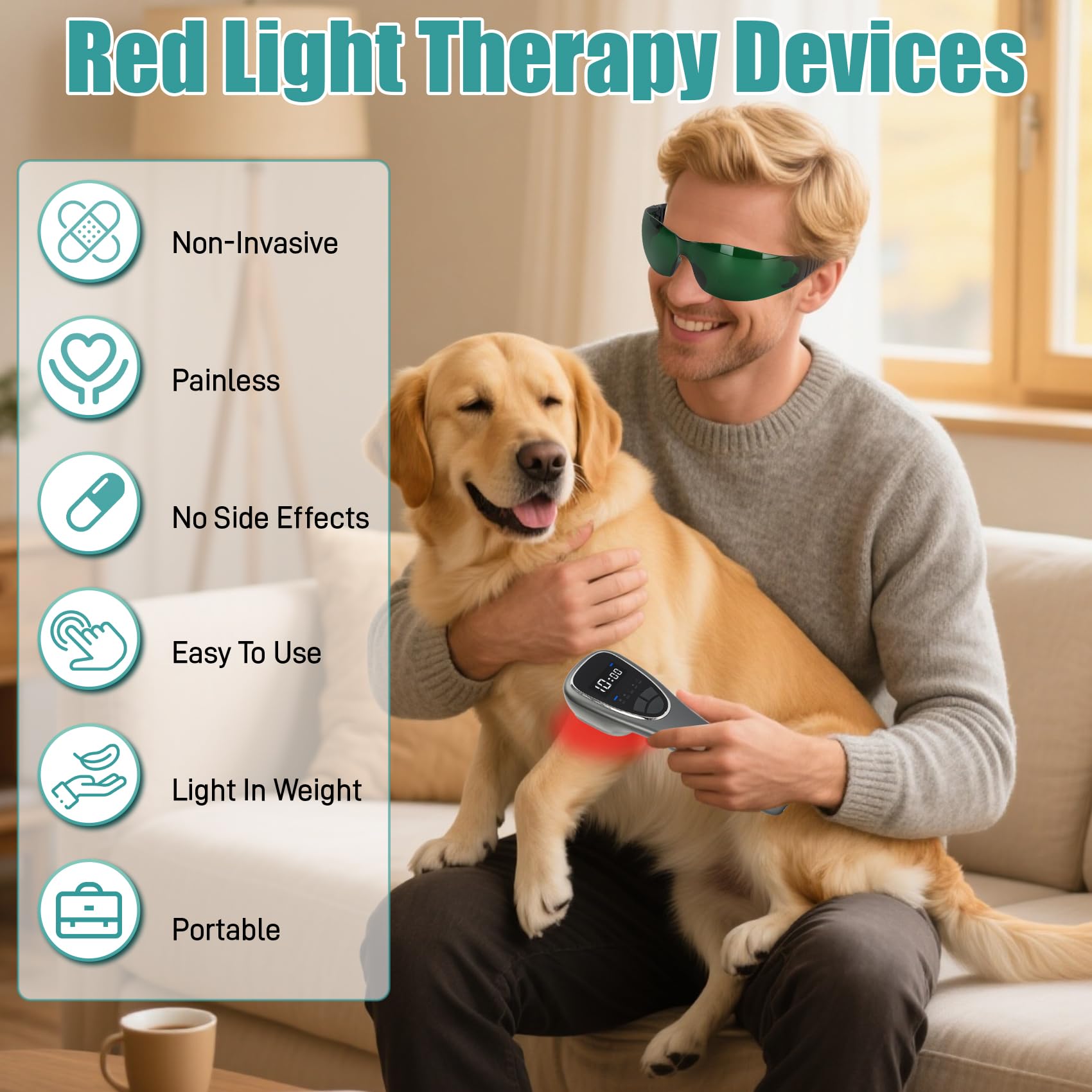 Dmzosmd protective glasses included with light therapy setup.
