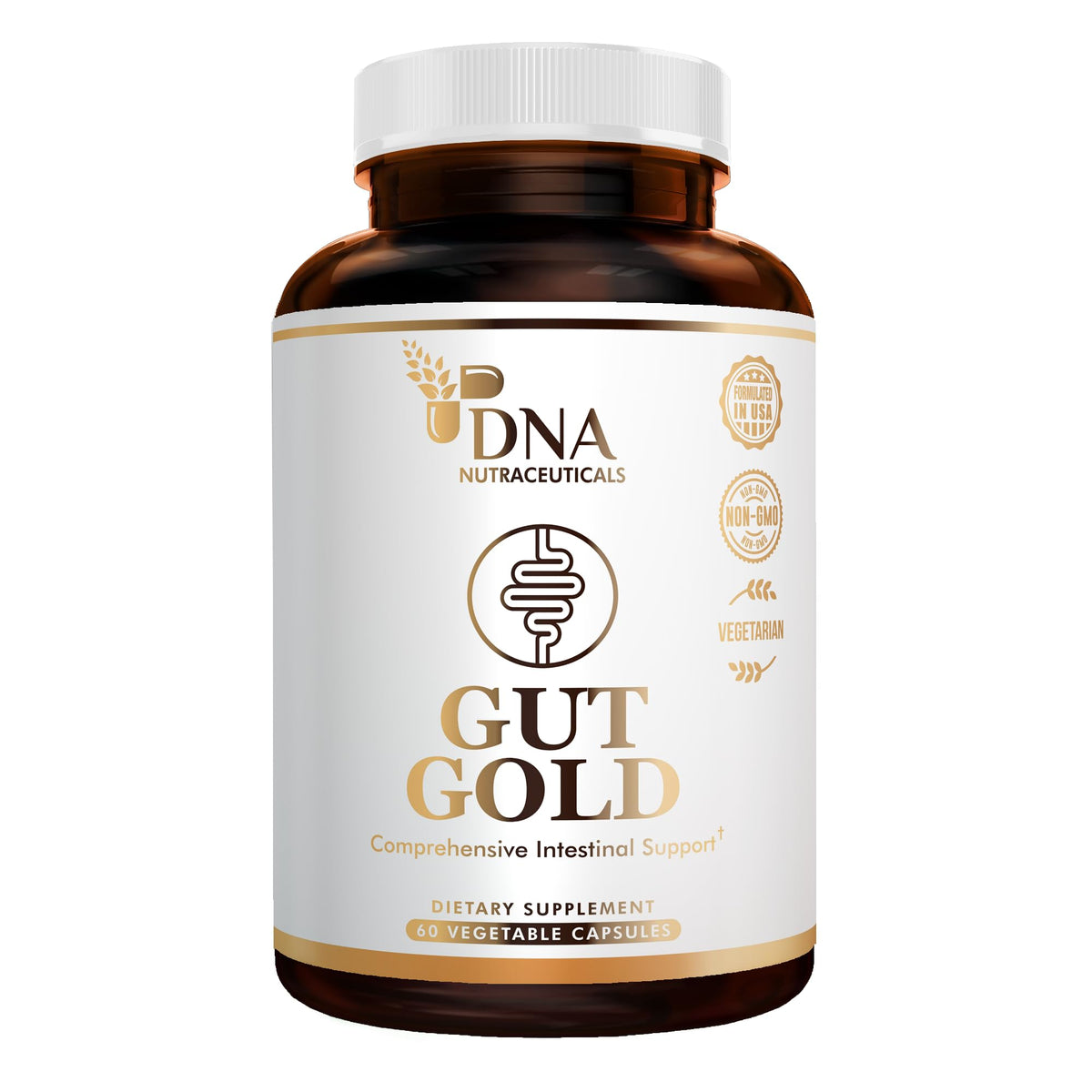 DNA Nutraceuticals GUT GOLD bottle close-up for daily digestive support.