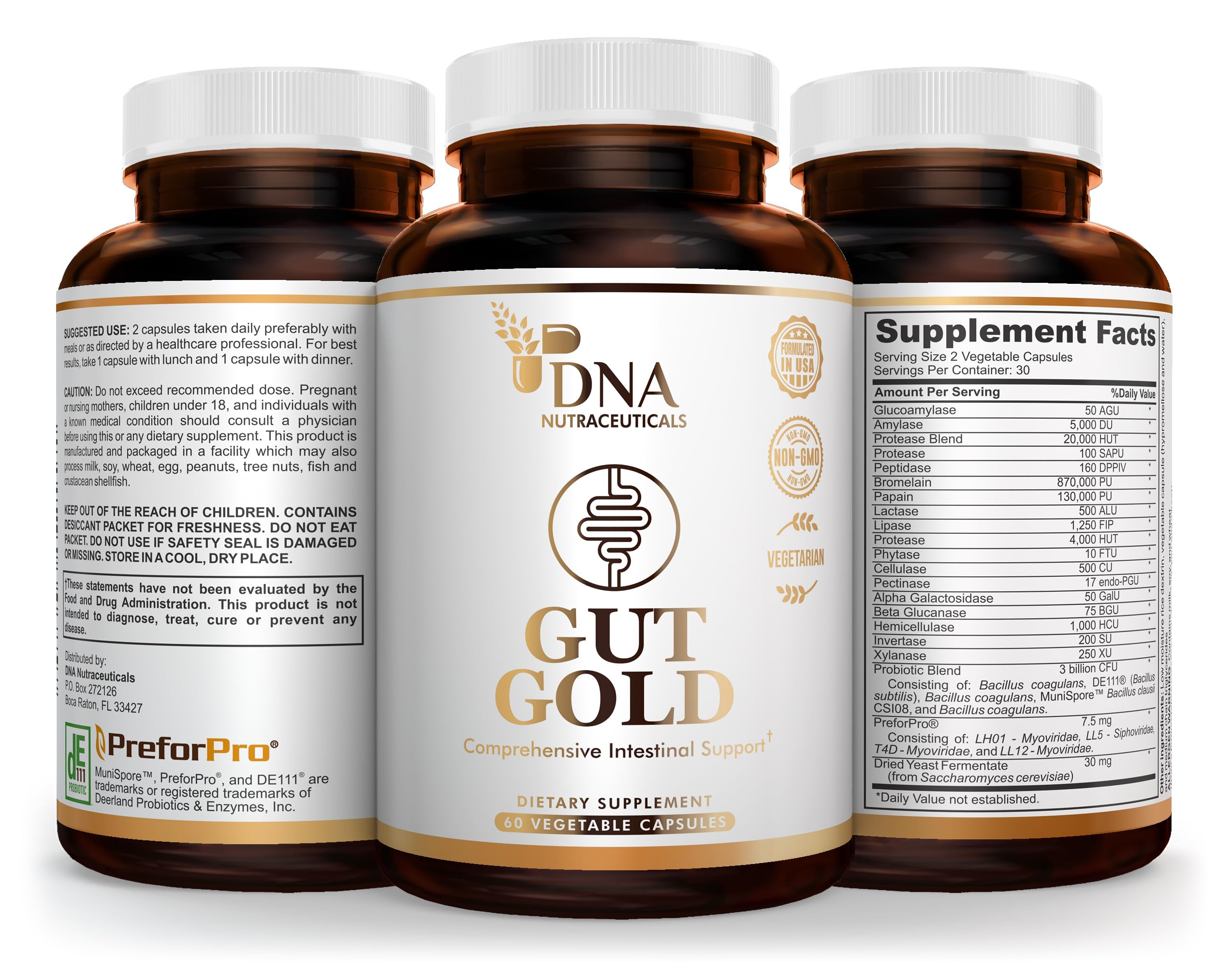 DNA Nutraceuticals GUT GOLD US-made seal signaling quality and purity.