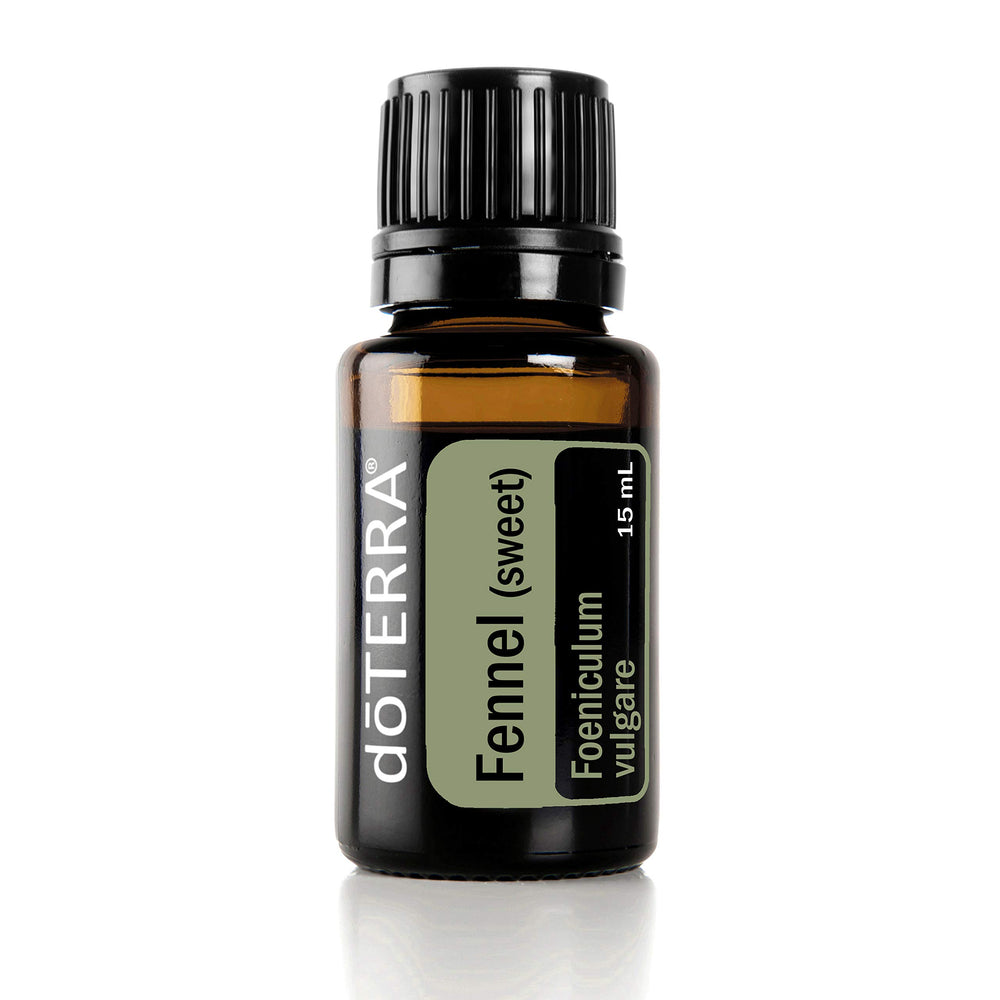 DoTERRA fennel essential oil bottle close-up for digestion support and aroma