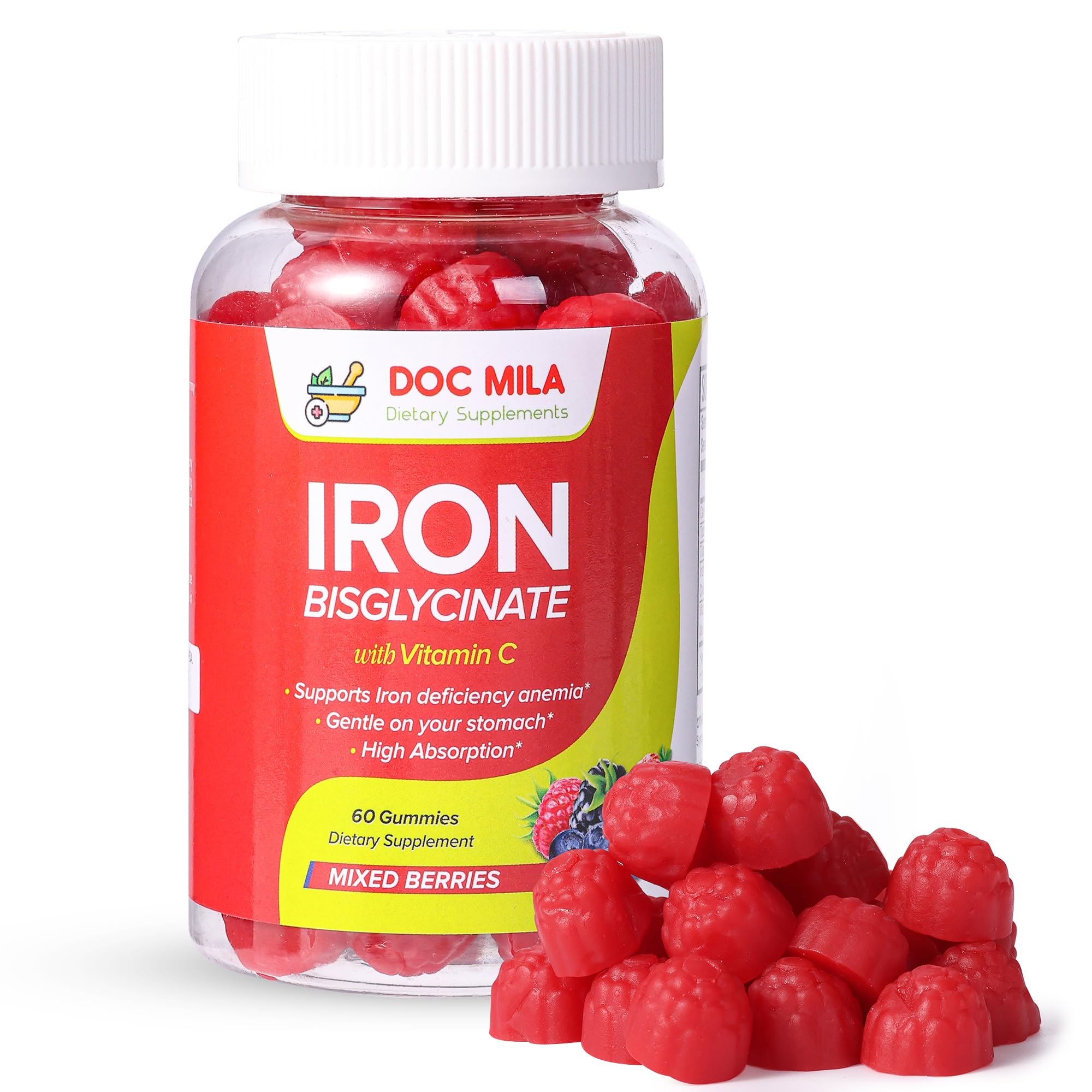 Doc Mila Iron Gummies bottle with berry flavor supports daily iron intake.