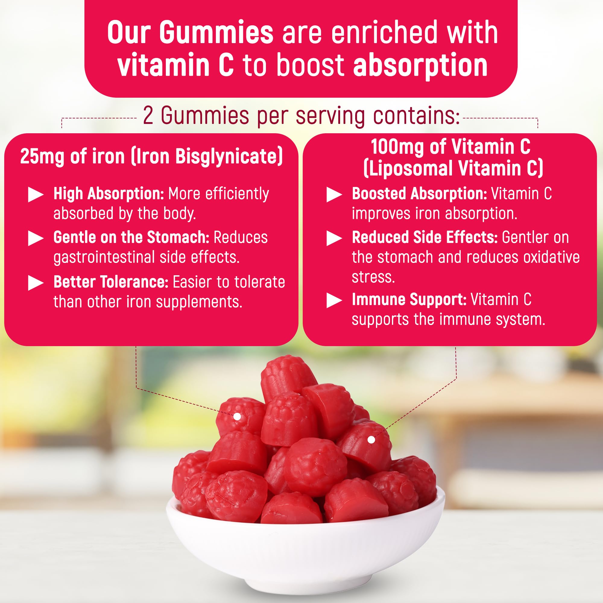 Doc Mila Iron Gummies ingredients label lists iron bisglycinate and liposomal Vitamin C.