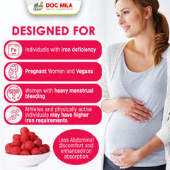 Doc Mila Iron Gummies packaging box highlights 60-count supply.