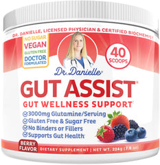 Doctor Danielle Gut Assist bottle-front with berry-flavored powder for daily digestive support