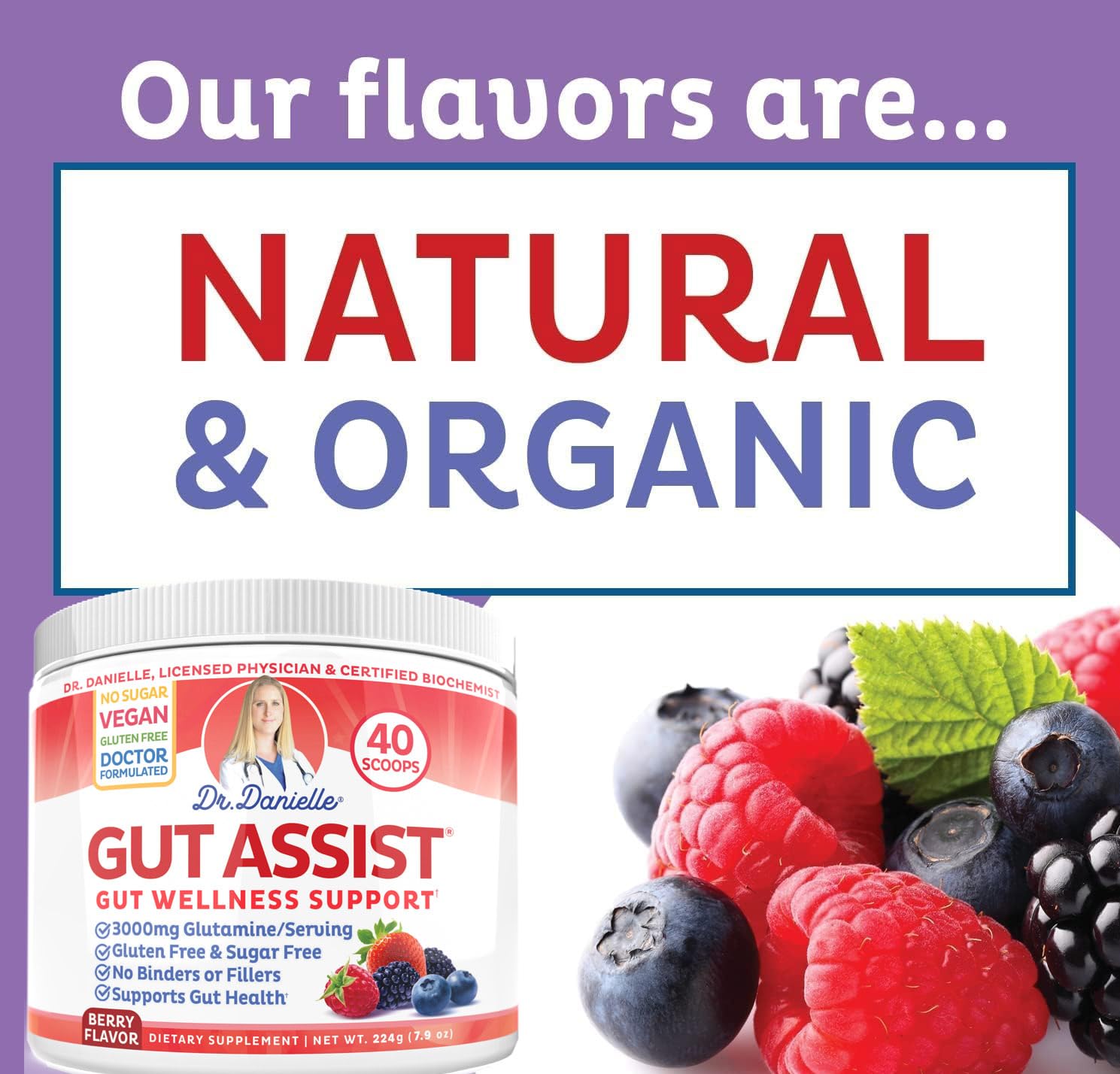 Doctor Danielle Gut Assist powder beside glass supporting regularity