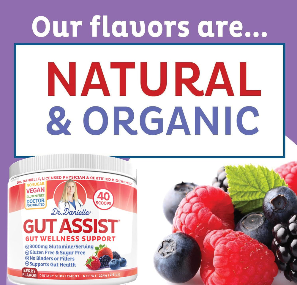 Doctor Danielle Gut Assist powder beside glass supporting regularity