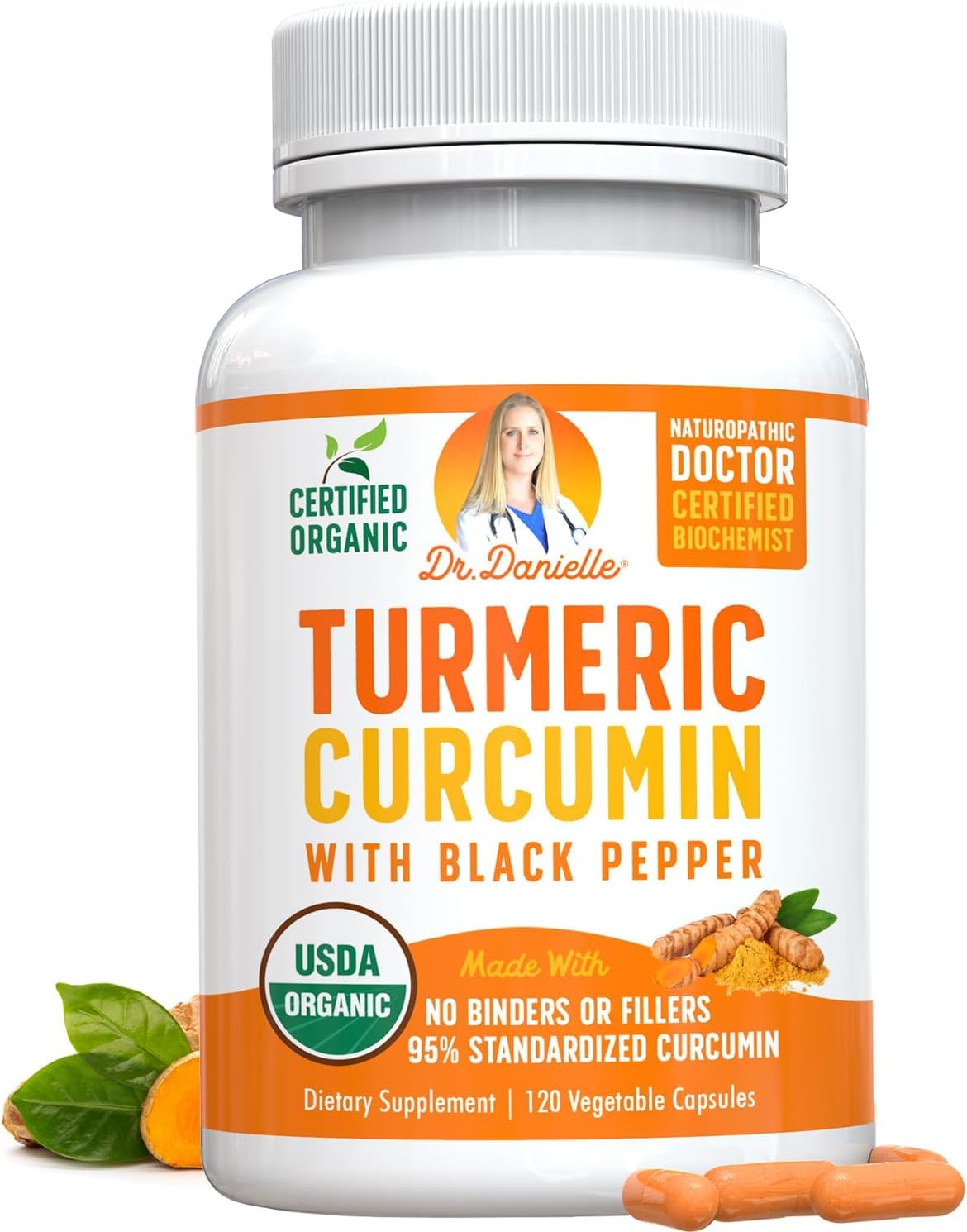 Doctor Danielle turmeric-curcumin bottle highlights 95% curcuminoids for premium daily support