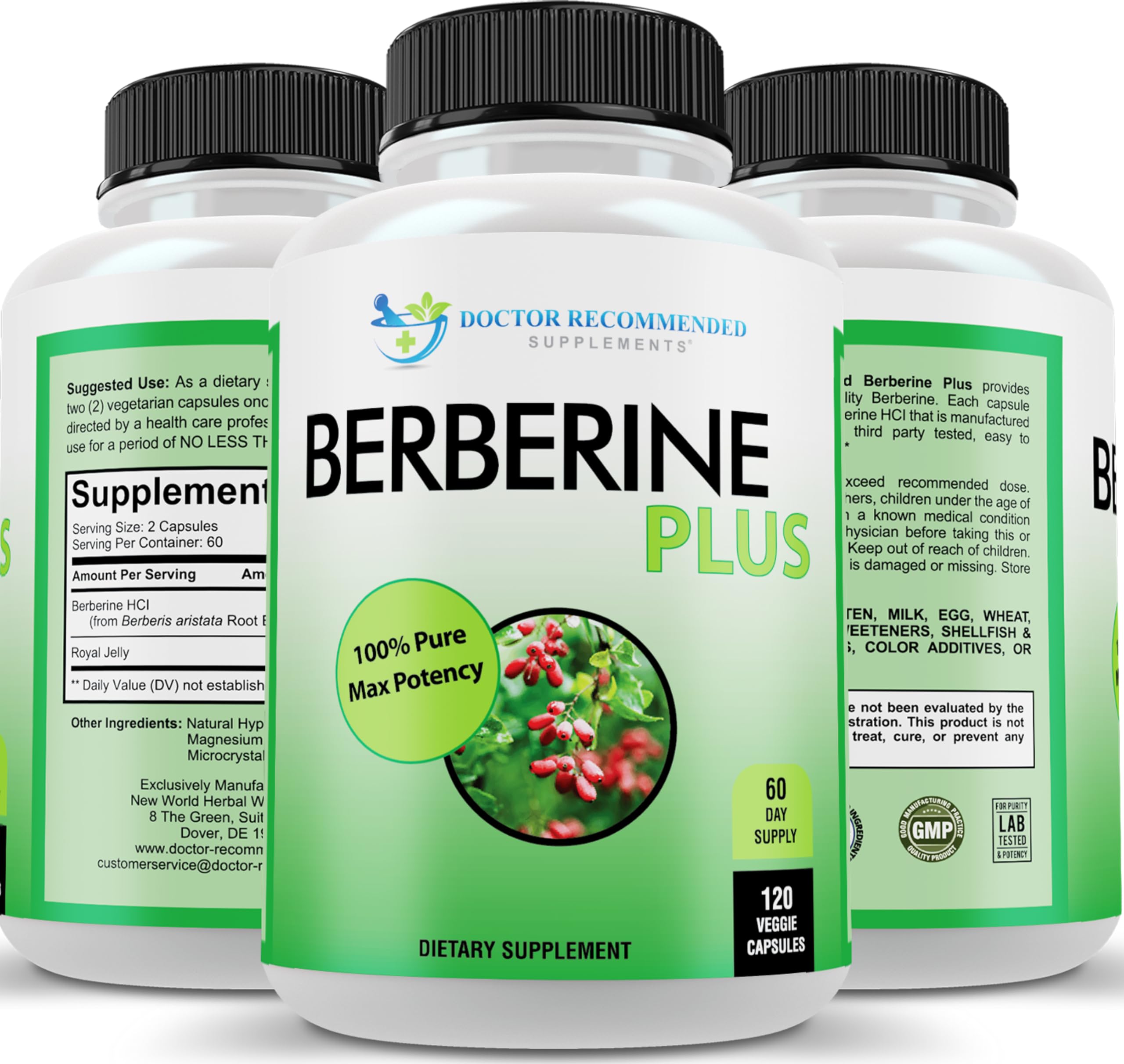 Doctor Recommended Supplements Berberine Plus bottle shows 1200 mg potency for daily use.
