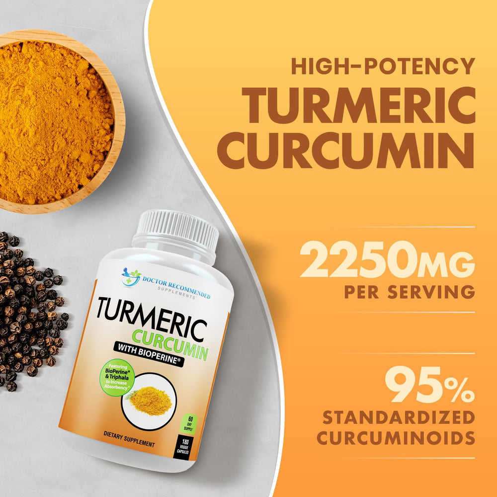 Doctor Recommended Supplements turmeric-curcumin label features bioperine and triphala for absorption.