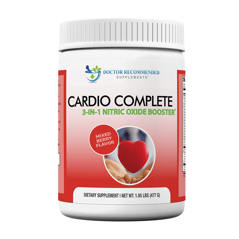 Cardio Complete bottle front with berry flavor offering nitric oxide support for workouts