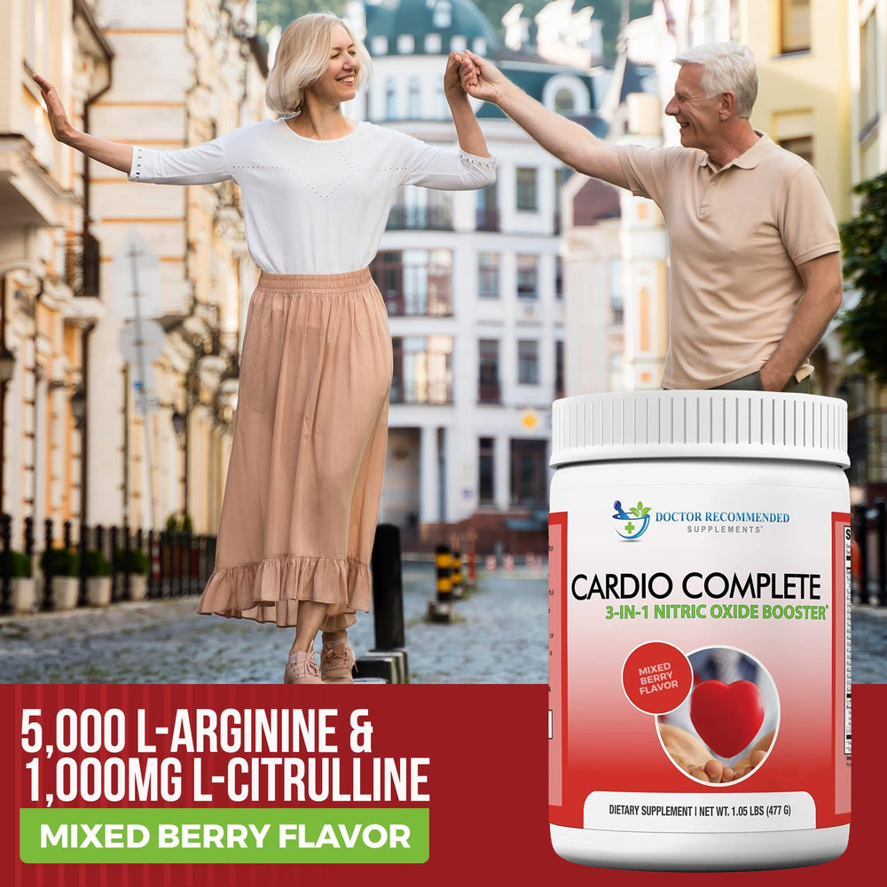 Cardio Complete label shows 5,000 mg L-Arginine AKG and 1,000 mg L-Citrulline