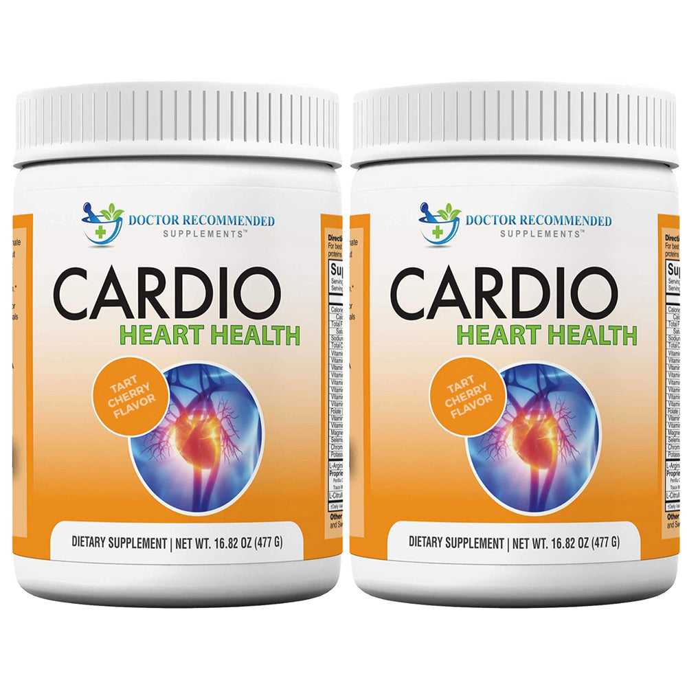 DOCTOR RECOMMENDED SUPPLEMENTS Cardio Heart Health powder bottle close-up for blood flow support.