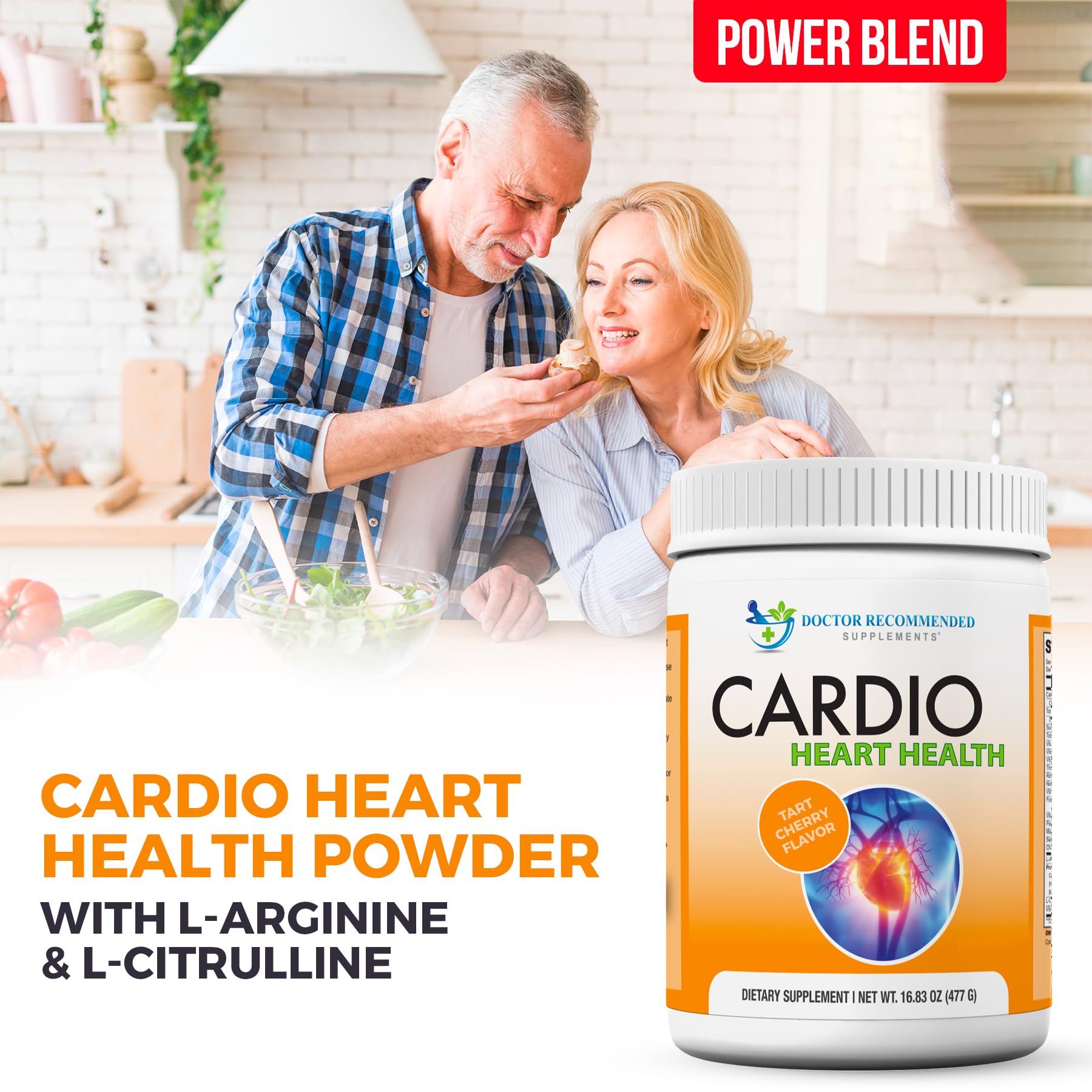 DOCTOR RECOMMENDED SUPPLEMENTS Cardio Heart Health powder tin on kitchen counter for daily wellness.