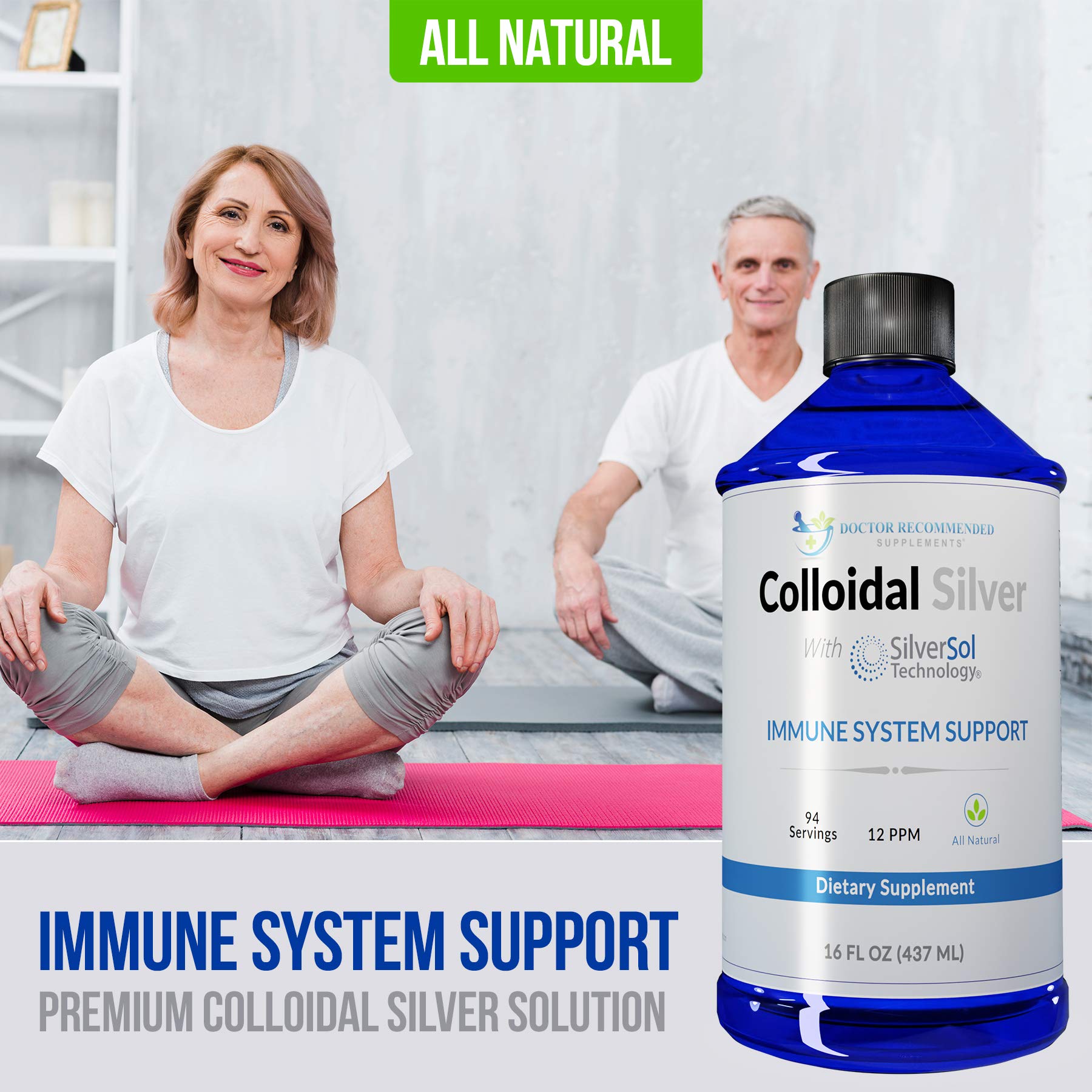 Doctor Recommended Supplements colloidal silver bottle closeup highlighting purity