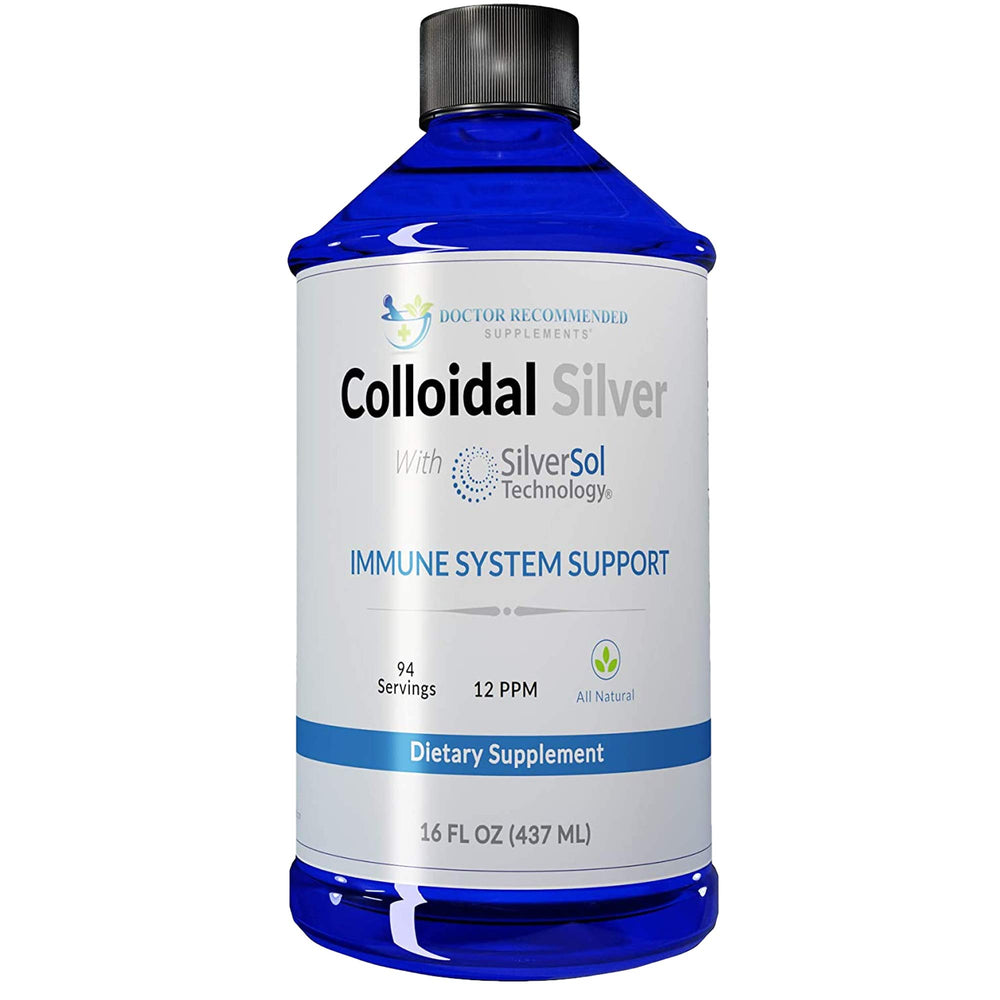 Doctor Recommended Supplements colloidal silver bottle showing 12 PPM solution for daily use