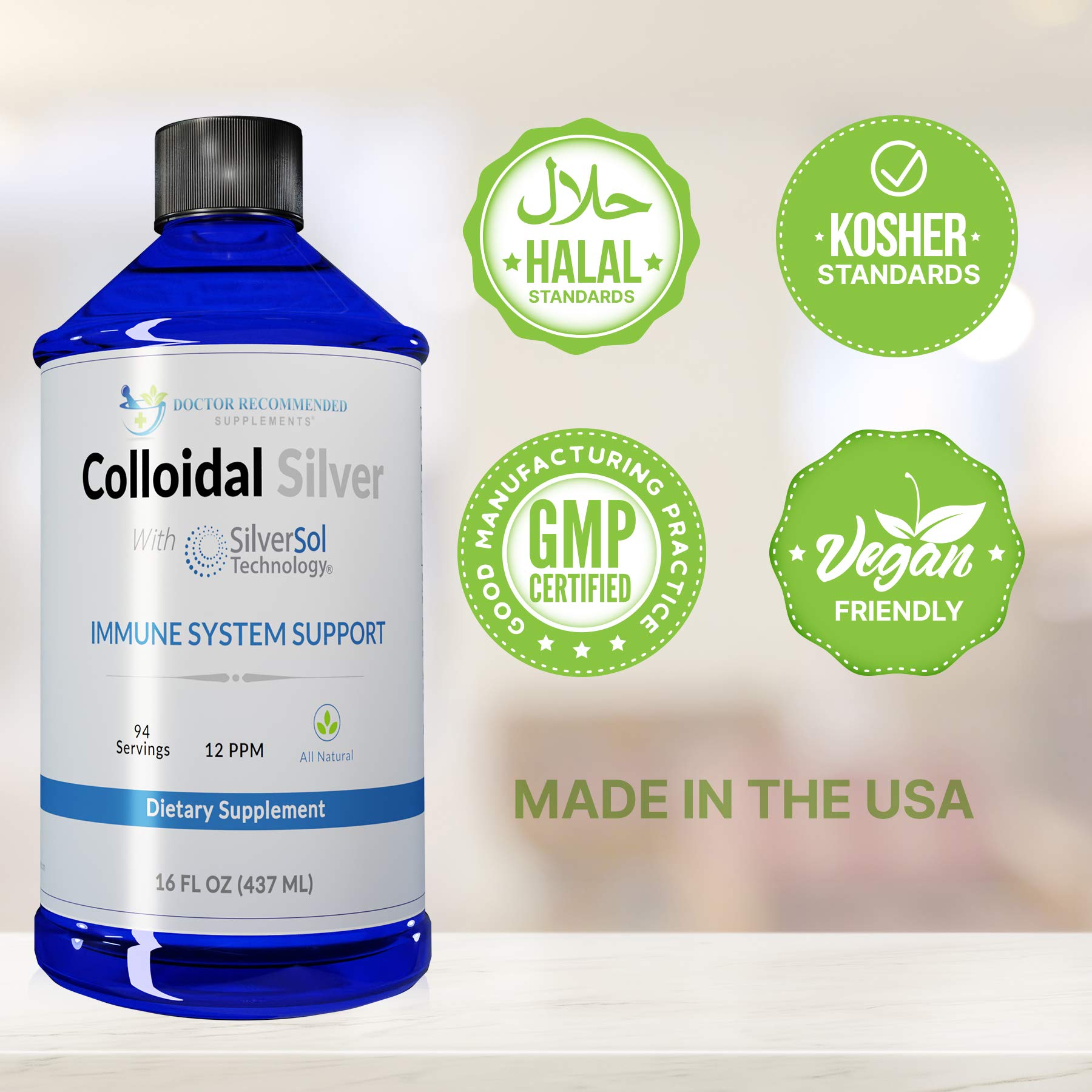 Doctor Recommended Supplements colloidal silver label with allergen-free and USA-made info