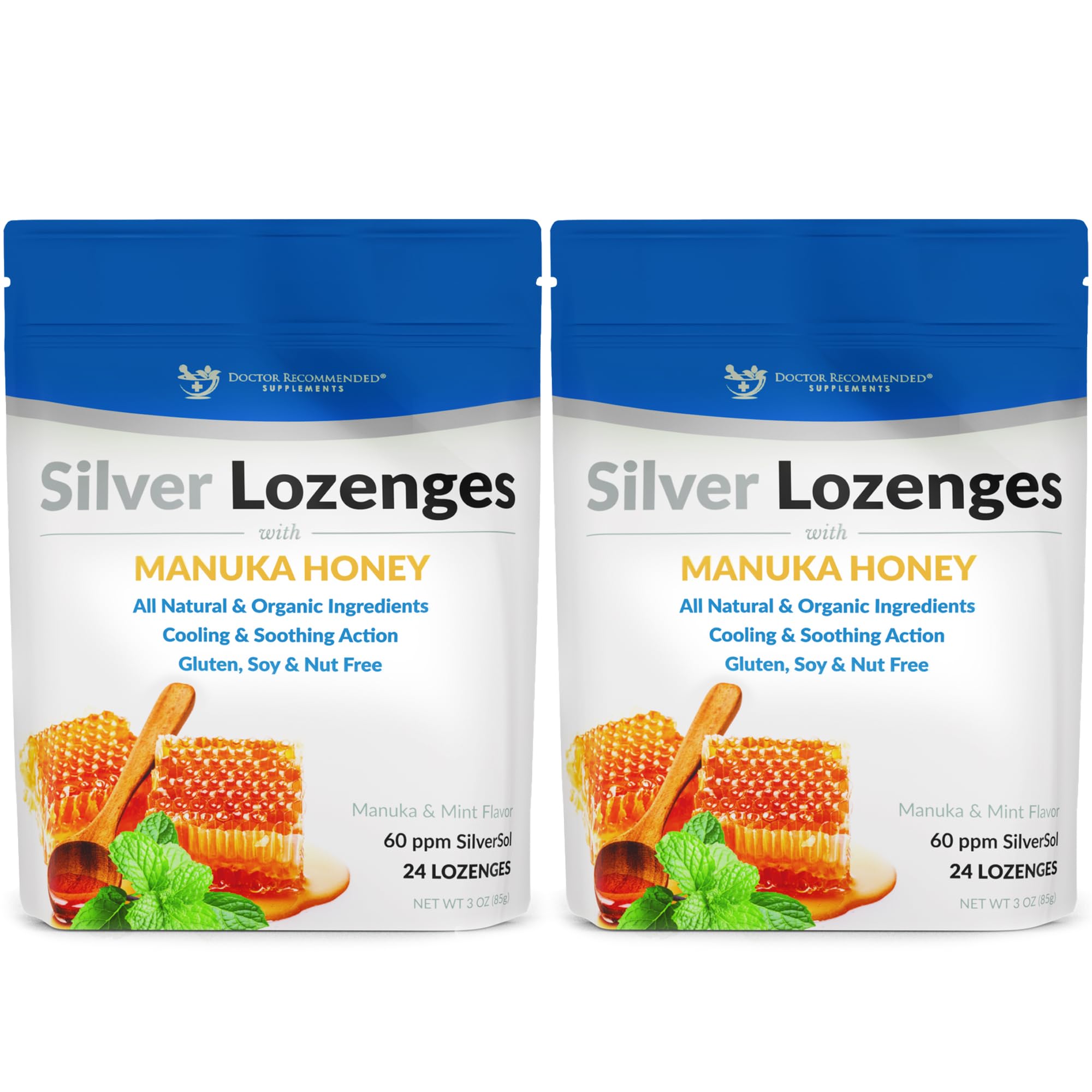 DOCTOR RECOMMENDED SUPPLEMENTS Silver Lozenges packaging featuring Manuka honey and mint flavor for immune-friendly soothing.