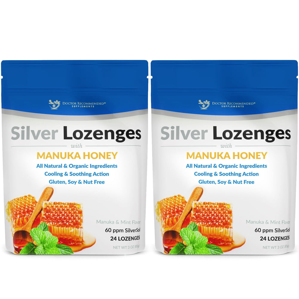 DOCTOR RECOMMENDED SUPPLEMENTS Silver Lozenges packaging featuring Manuka honey and mint flavor for immune-friendly soothing.