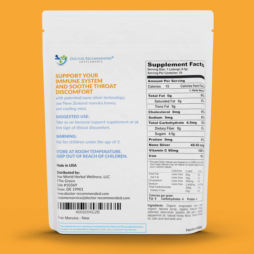 DOCTOR RECOMMENDED SUPPLEMENTS Silver Lozenges with mint cooling flavor soothing the throat on the go.