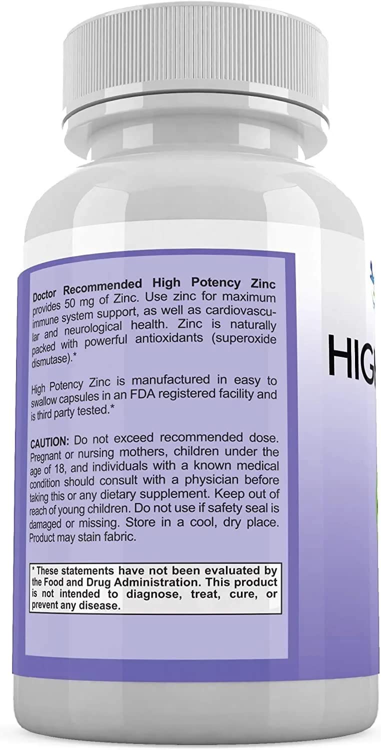 Zinc 50mg label shows third-party tested purity