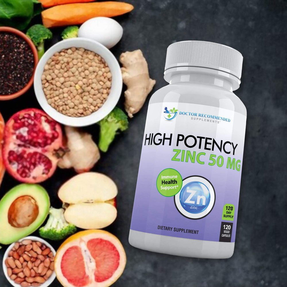 DOCTOR RECOMMENDED SUPPLEMENTS Zinc 50mg serving size illustration emphasizes high potency