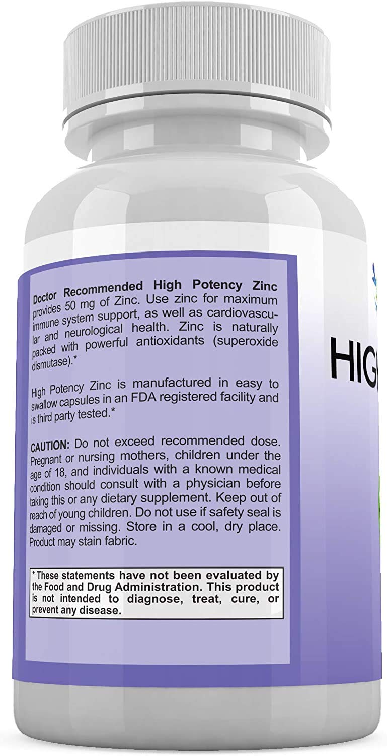 DOCTOR RECOMMENDED SUPPLEMENTS Zinc 50mg bottle on shelf shows USA-made quality