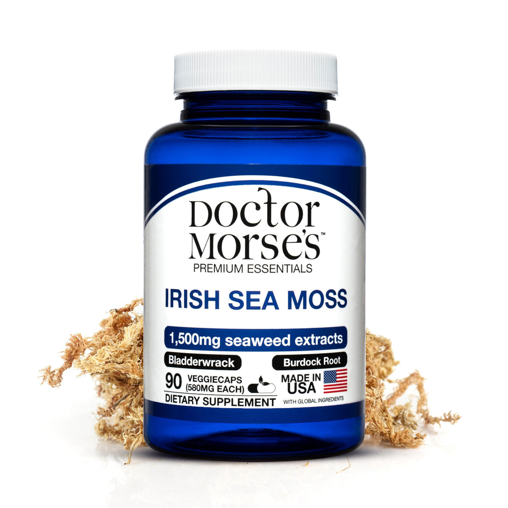 Doctor Morse's Irish Sea Moss capsules bottle on a shelf for daily wellness support