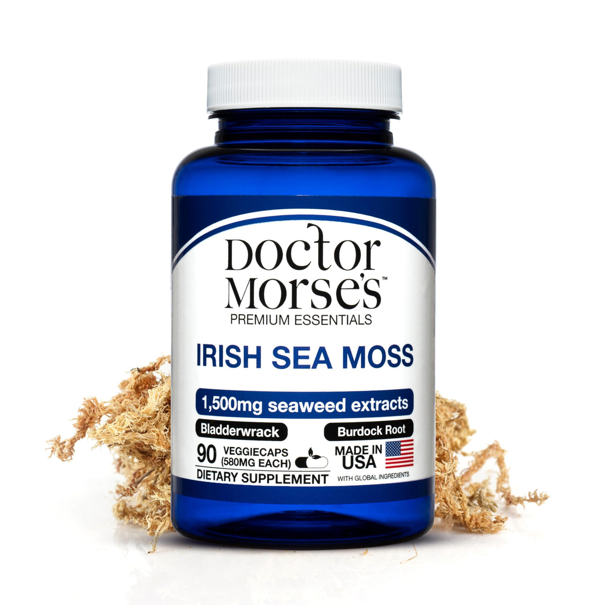 Doctor Morse's Irish Sea Moss capsules bottle on a shelf for daily wellness support