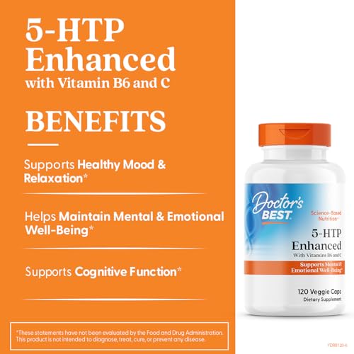 Doctor's Best 5-HTP with vitamin B6 and C bottle close-up emphasizing sleep support