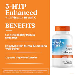 Doctor's Best 5-HTP with vitamin B6 and C bottle close-up emphasizing sleep support