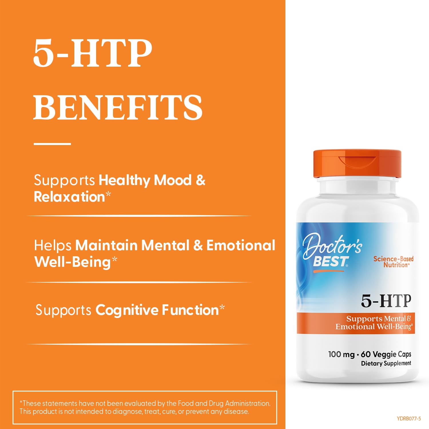 Doctor's Best 5-HTP label and cap featuring vegan gluten-free non-GMO formula