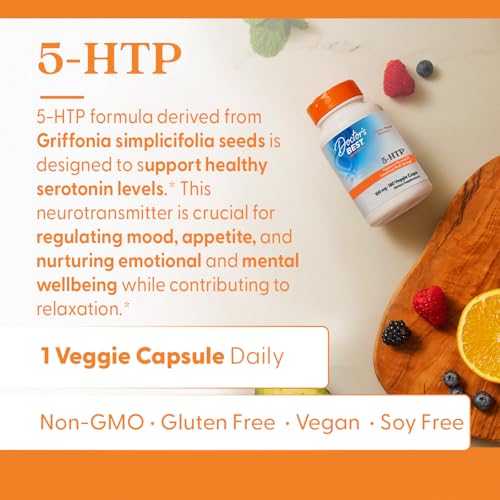 Doctors Best 5-HTP bottle on shelf emphasizing non-GMO and gluten-free formula