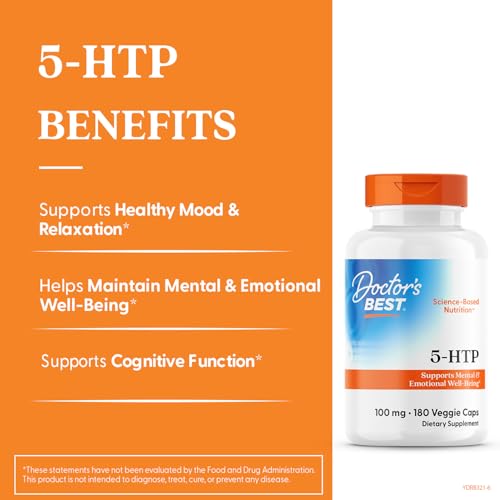 Doctors Best 5-HTP veggie caps matrix highlighting vegan-friendly, non-GMO benefits for mood