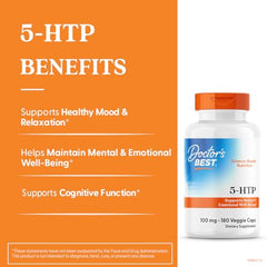 Doctors Best 5-HTP veggie caps matrix highlighting vegan-friendly, non-GMO benefits for mood