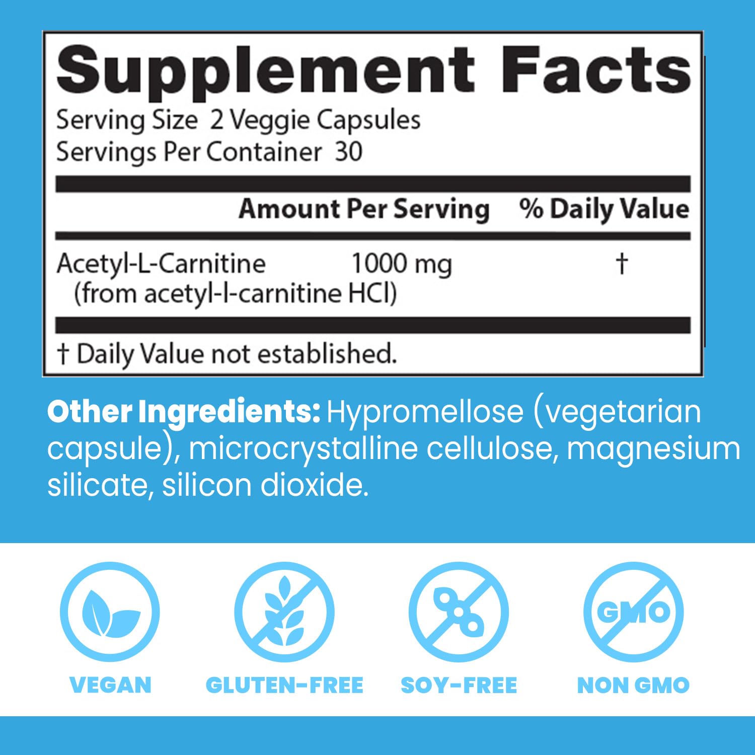 Doctors Best Acetyl-L-Carnitine bottle top cap shows dosing.