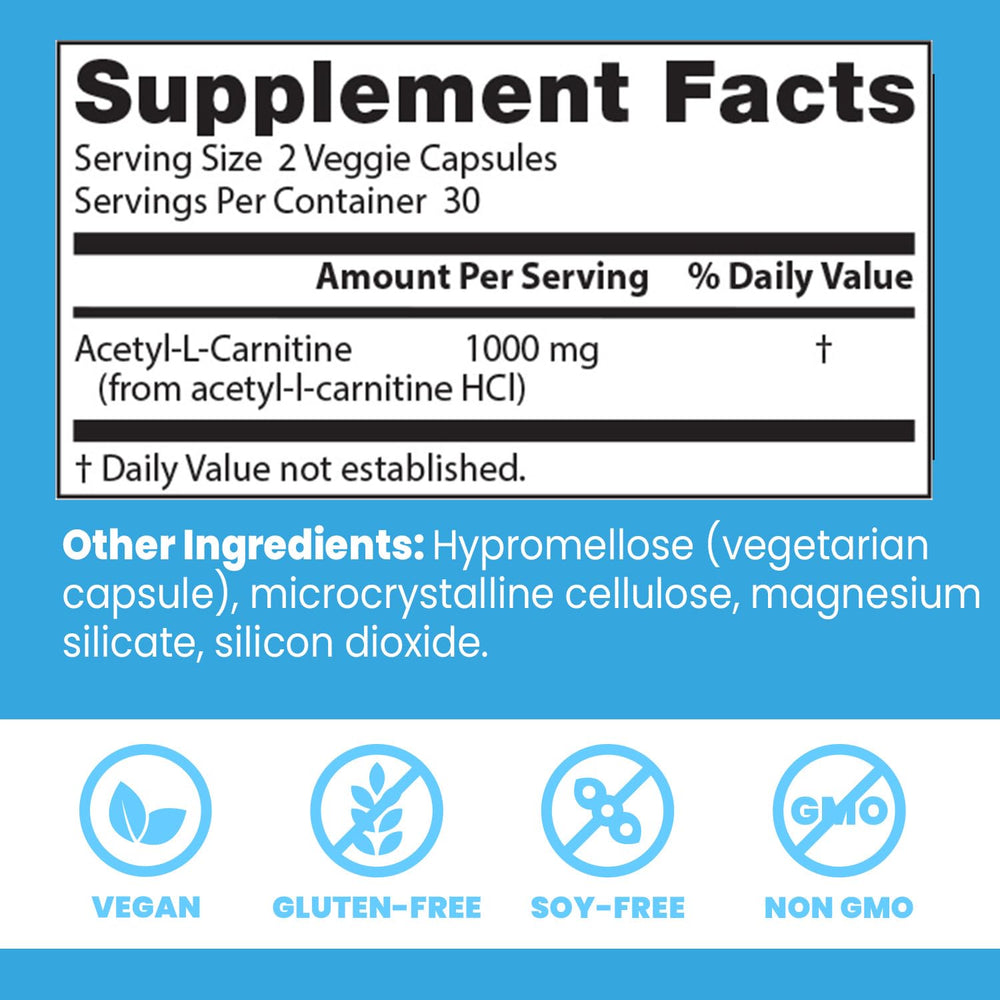 Doctors Best Acetyl-L-Carnitine bottle top cap shows dosing.