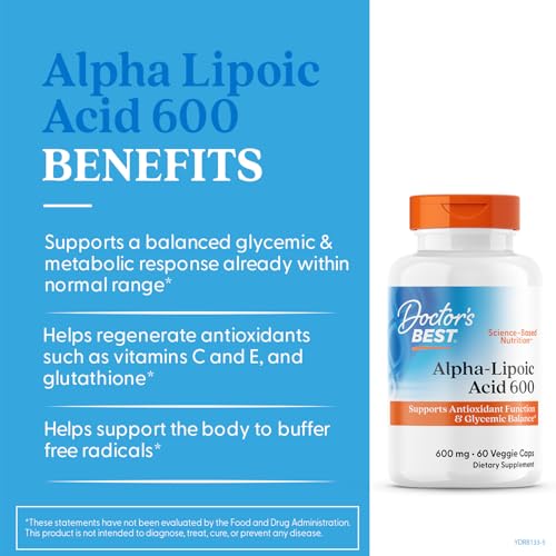 Close-up of Doctor's Best ALA 600 mg capsules for daily antioxidant nutrition