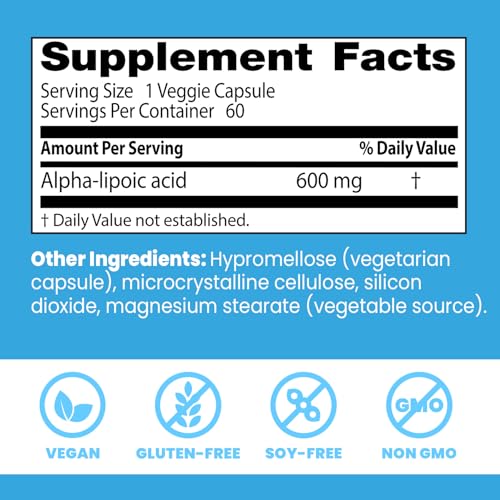 Doctor's Best Alpha-Lipoic Acid 600 mg label back shows vegan non-GMO features