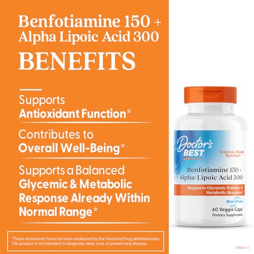 Close view of Doctor's Best Benfotiamine 150 + Alpha-Lipoic Acid 300 label highlighting vegan non-GMO formula