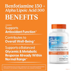 Close view of Doctor's Best Benfotiamine 150 + Alpha-Lipoic Acid 300 label highlighting vegan non-GMO formula