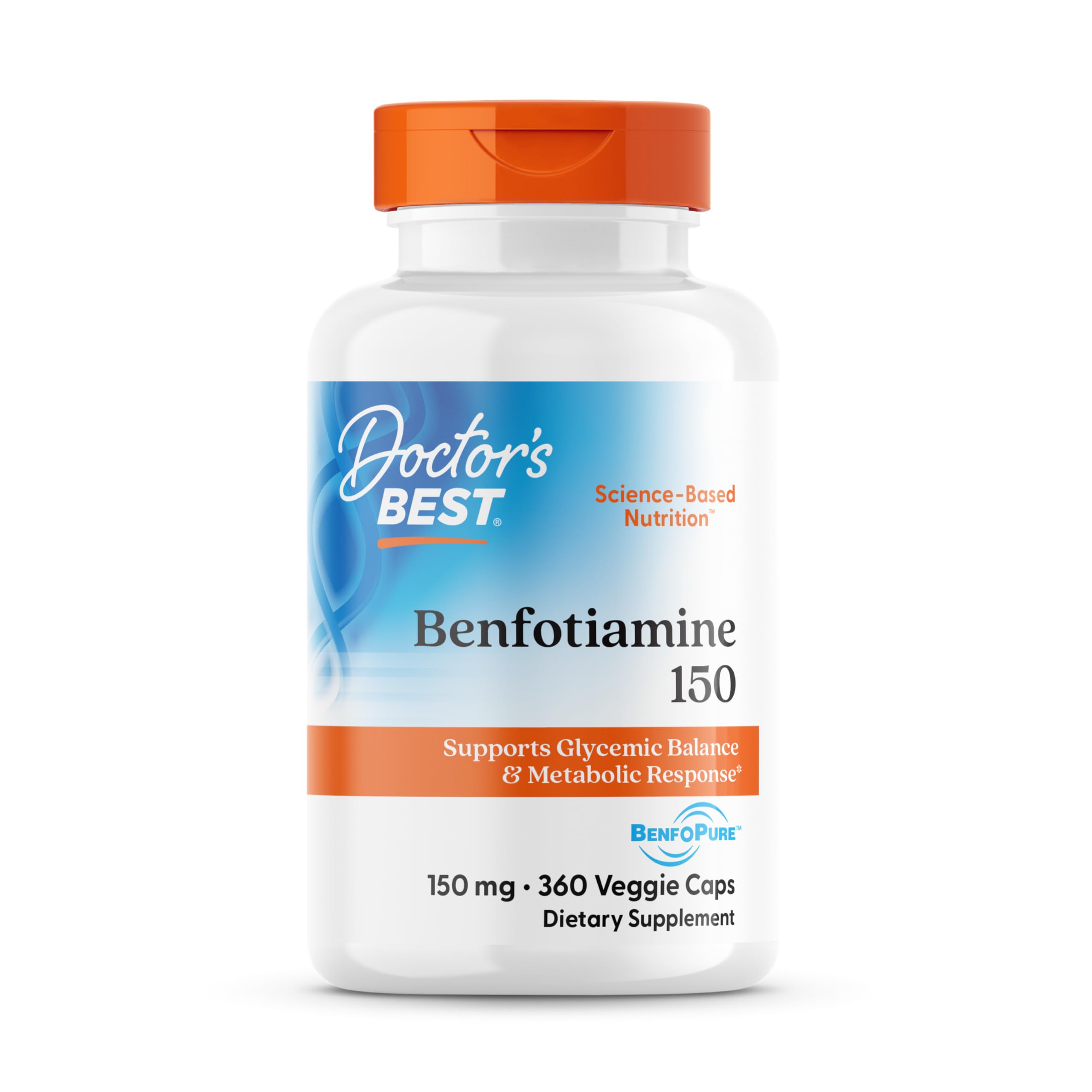 Doctor's Best Benfotiamine 150 bottle front showing high-bioavailability formula for glucose support.