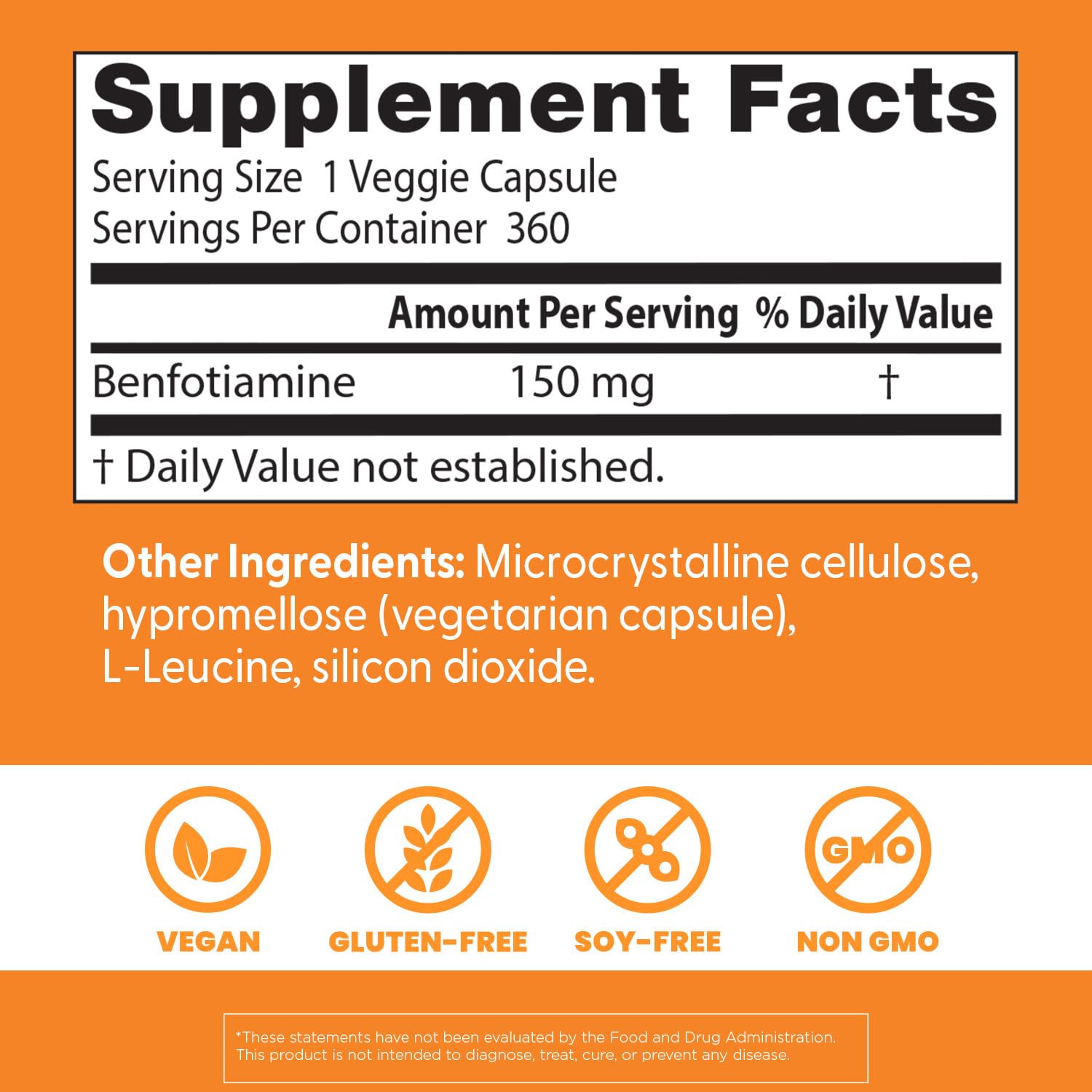 Doctor's Best Benfotiamine 150 bottle nutrition facts note vegan, gluten-free capsules.
