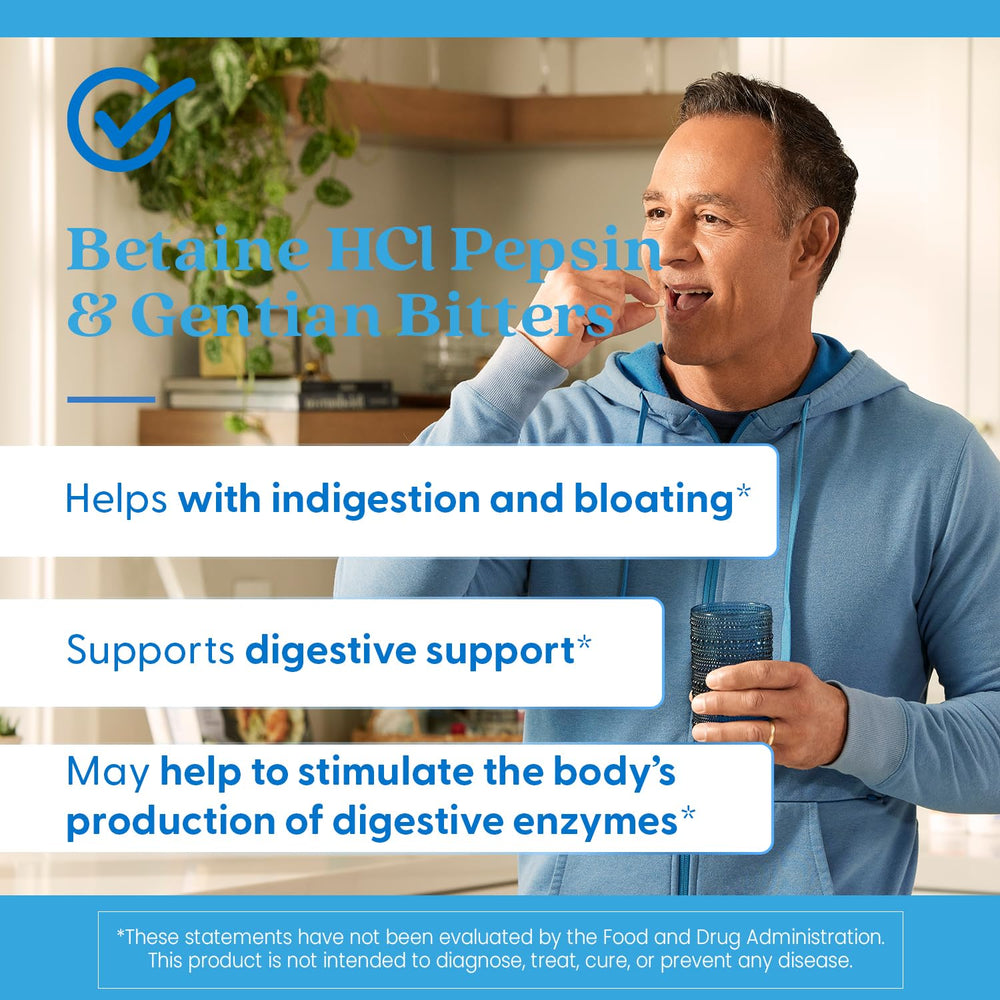 Doctors Best Betaine HCl Pepsin Gentian Bitters label-back includes usage notes and ingredients