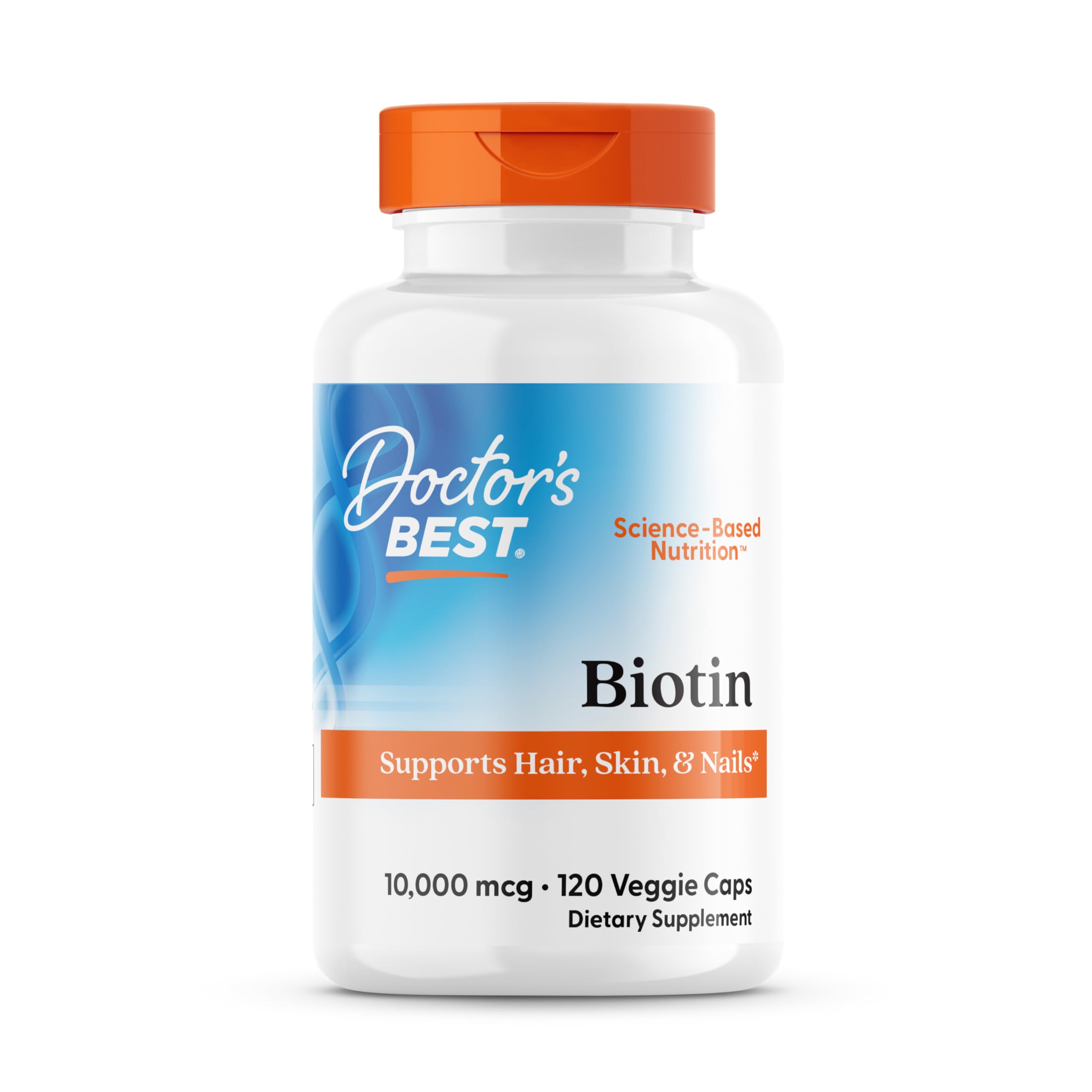 Doctor's Best Biotin bottle shows 10,000 mcg for hair and nails.