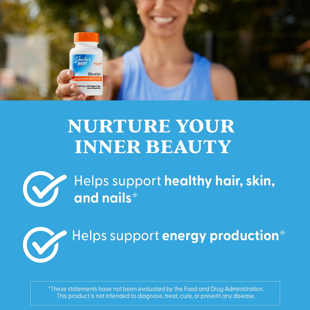 Vegan certification icon displayed on Doctor's Best Biotin packaging.
