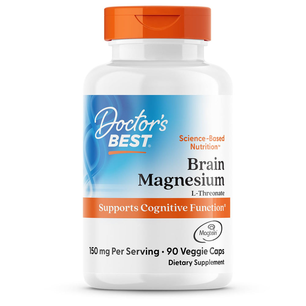 Doctors Best Brain Magnesium L-Threonate bottle supports cognitive focus and learning potential.