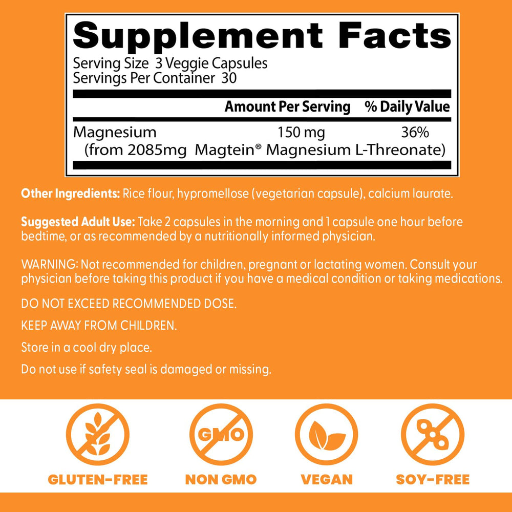 Close-up of Doctors Best Brain Magnesium L-Threonate label highlighting Magtein science.